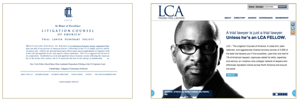 LCA - Litigation Counsel of America home page before and after