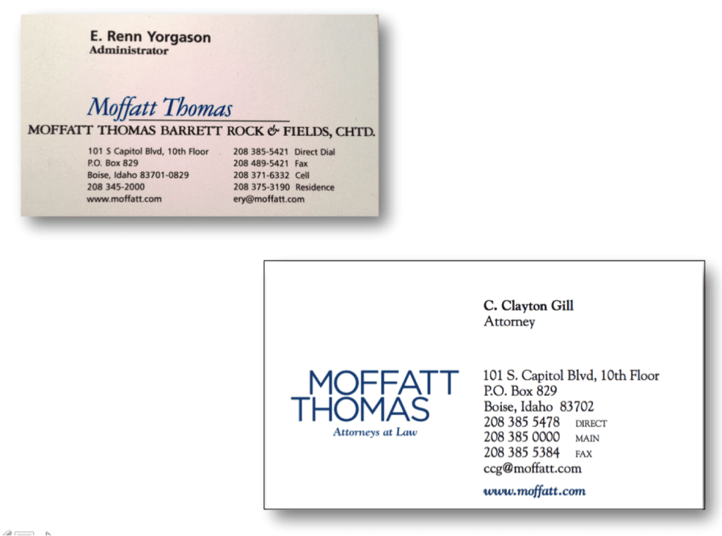 Moffatt Thomas business card before and after revision