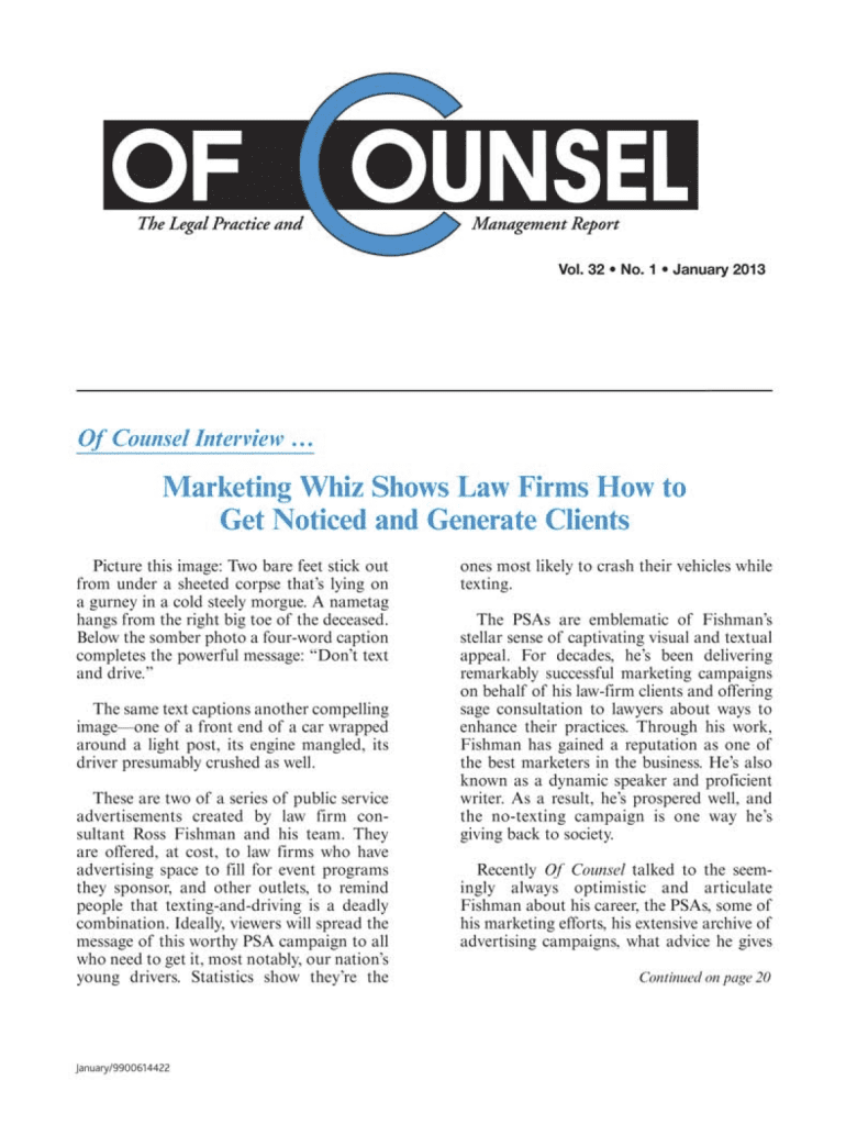 Of Counsel ROSS FISHMAN Q&A Marketing Whiz article (Page One)