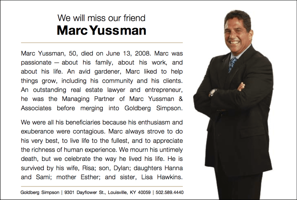 Marc Yussman obituary ad Goldberg Simpson