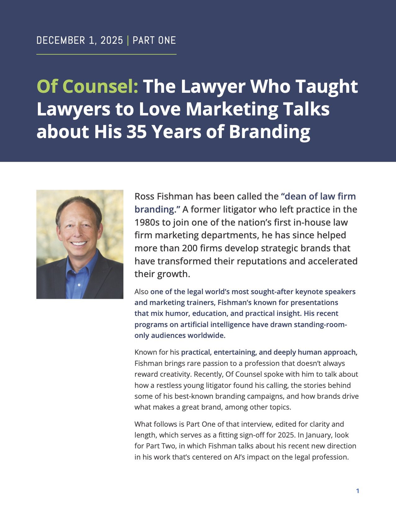 Ross Fishman profiled in Of Counsel magazine